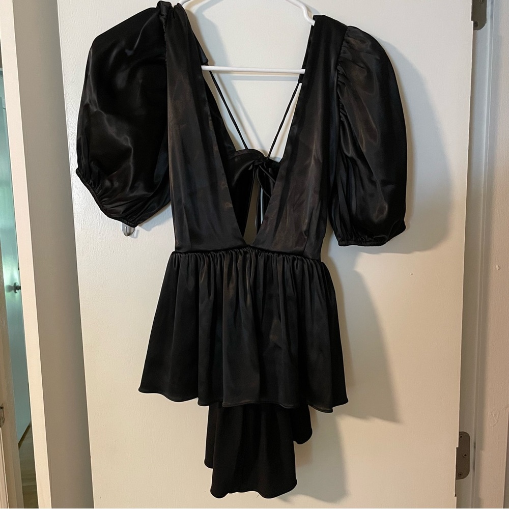 Leather Short Sleeve Top with Deep V-neck